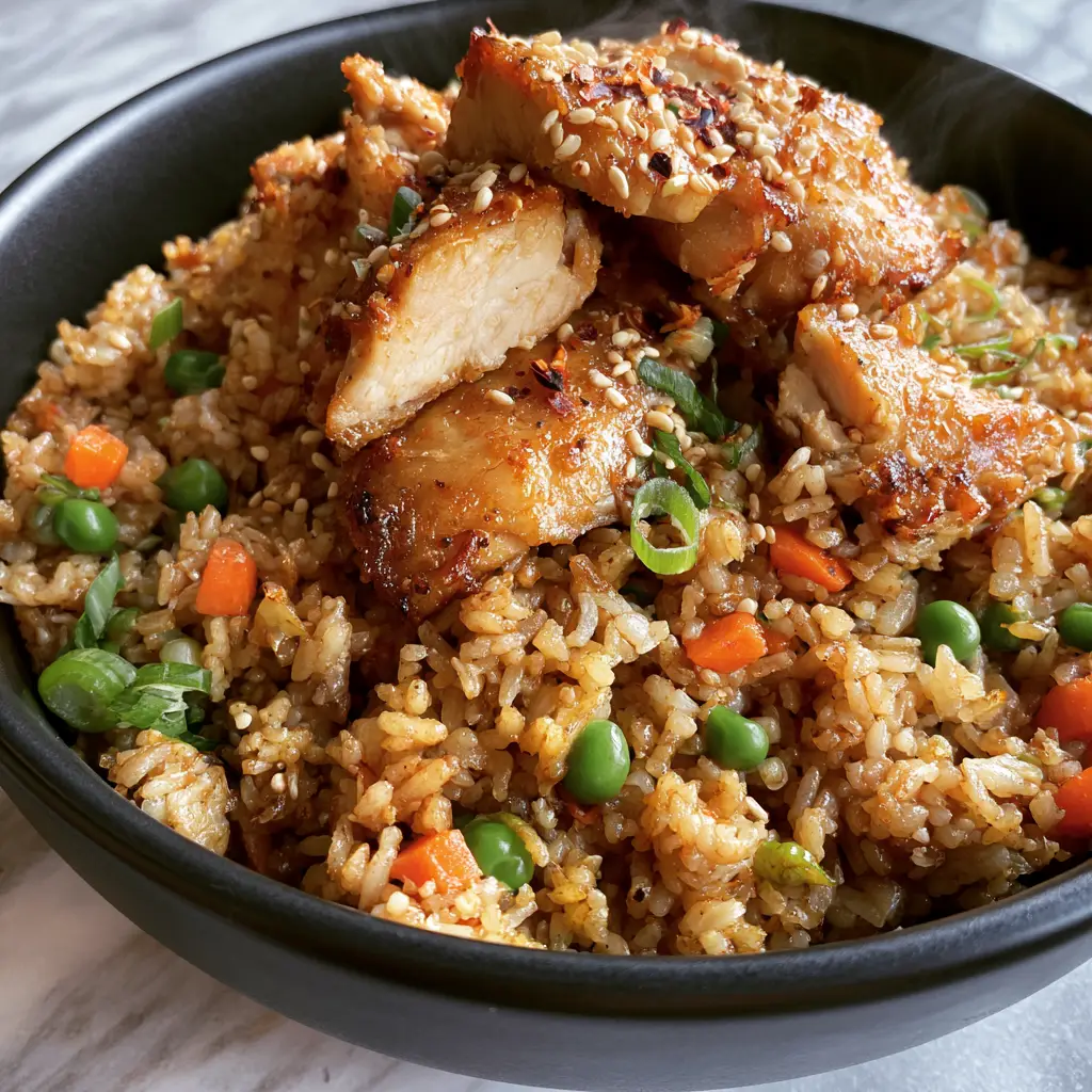 Chicken fried rice with Golden Grains and Crispy Seared Chicken 2 Extreme close-up of Chicken fried rice showing individual golden-brown grains and seared chicken chunks with crispy edges.