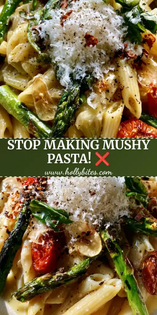 Pasta Primavera with Lemon-Garlic Glaze and Blistered Tomatoes 4 A shallow ceramic bowl of Pasta Primavera featuring penne in a lemon-garlic glaze, charred asparagus, and blistered tomatoes.