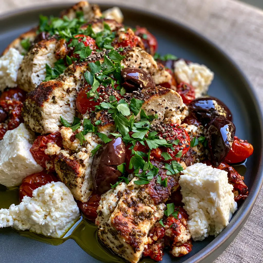 Healthy Dinner Ideas: One-Pan Mediterranean Herb-Crusted Chicken 2 Close-up of juicy chicken breast with golden-brown edges and creamy white feta cheese. (Healthy Dinner Ideas)