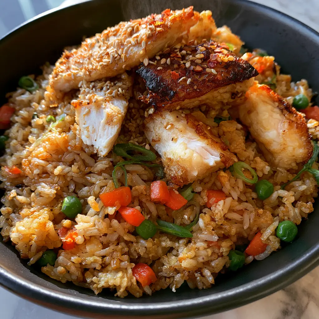 Chicken fried rice with Golden Grains and Crispy Seared Chicken 1 Overhead 45-degree angle of Chicken fried rice served in a matte charcoal ceramic bowl on a marble countertop.