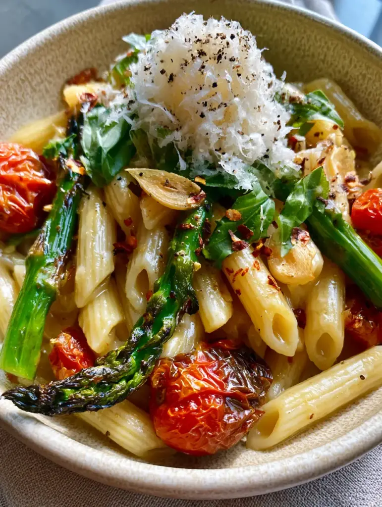 High-angle shot of glossy penne Pasta Primavera with charred asparagus and micro-planed parmesan in a cream bowl.