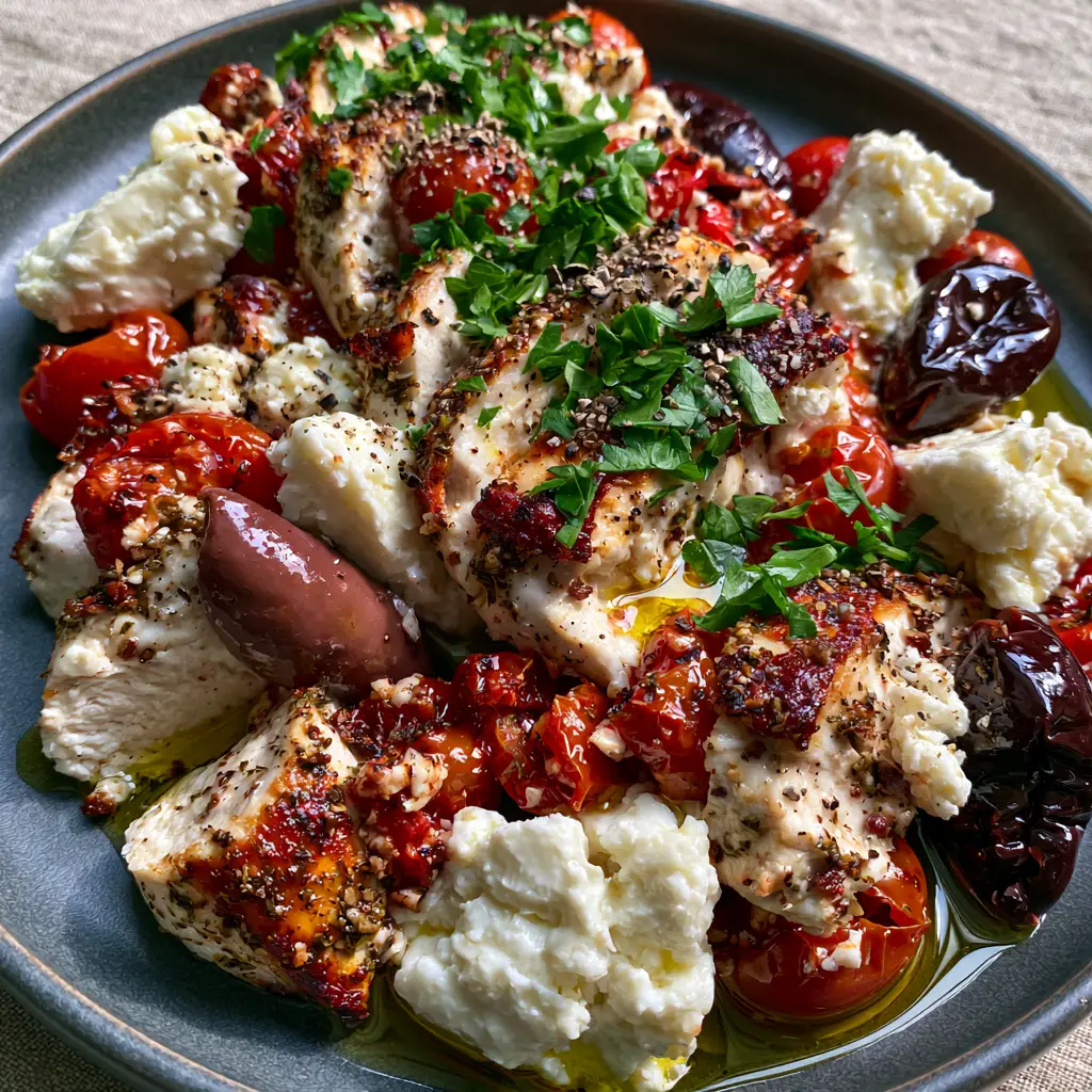 Healthy Dinner Ideas: One-Pan Mediterranean Herb-Crusted Chicken 1 Blistered cherry tomatoes and glossy kalamata olives with a drizzle of liquid gold olive oil. (Healthy Dinner Ideas)