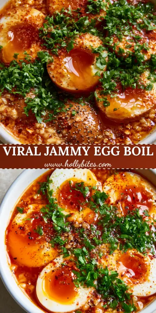 TikTok Egg Boil with Jammy Yolks and Shimmering Cajun Garlic Butter 3 A shallow white ceramic bowl containing halved soft-boiled eggs with jammy yolks covered in a glossy red Cajun garlic butter sauce. (TikTok egg boil)