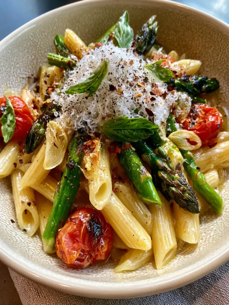 Pasta Primavera with Lemon-Garlic Glaze and Blistered Tomatoes 1 Close up of blistered heirloom cherry tomatoes and charred asparagus tips in a bowl of Pasta Primavera.