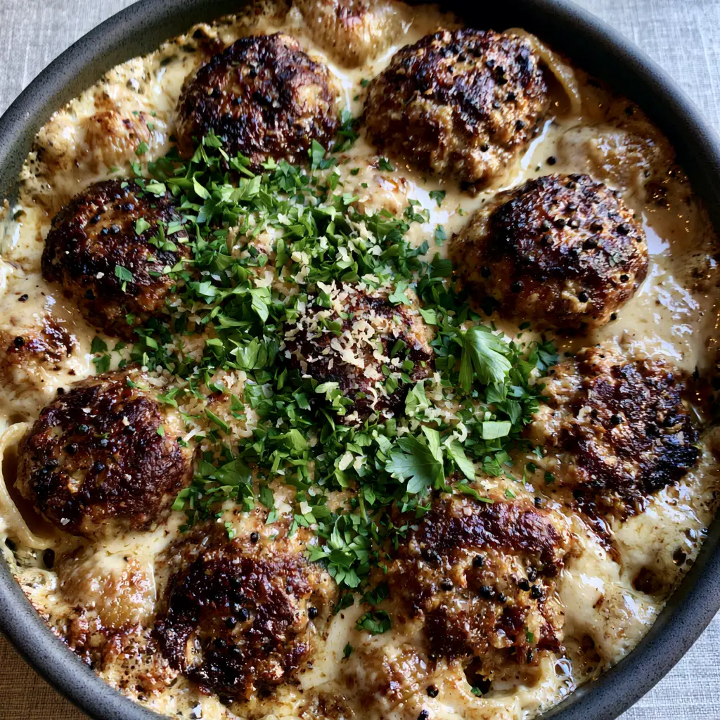 Swedish Meatball Pasta Bake garnished with finely chopped parsley and micro-planed parmesan cheese in a charcoal ceramic dish.