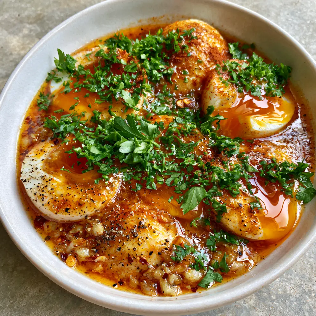 TikTok Egg Boil with Jammy Yolks and Shimmering Cajun Garlic Butter 2 Close-up of TikTok egg boil showing the liquid orange yolks and sautéed garlic bits in the sauce. (TikTok egg boil)
