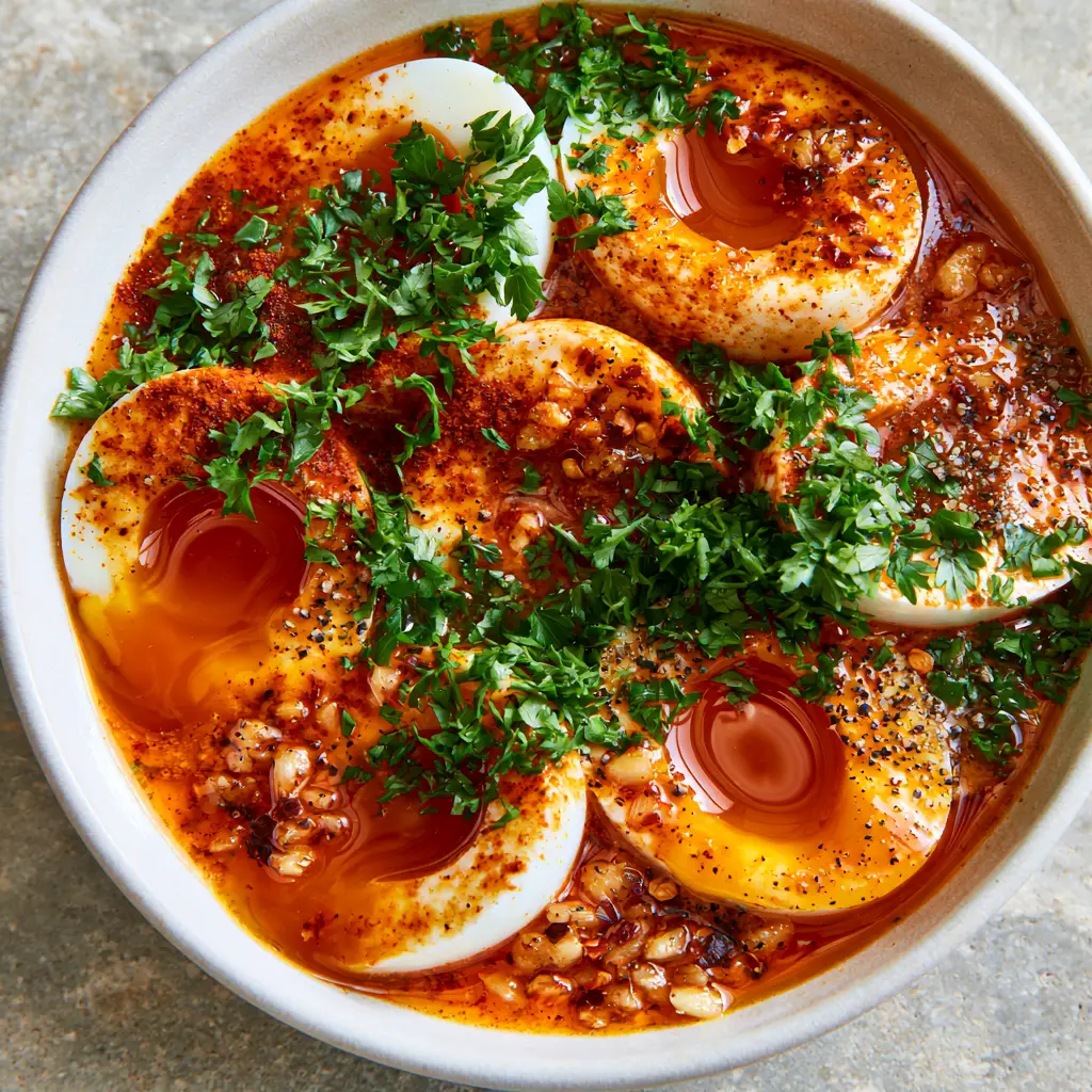 TikTok Egg Boil with Jammy Yolks and Shimmering Cajun Garlic Butter 1 Overhead view of several halved eggs in a white bowl with red pepper flakes and parsley garnish. (TikTok egg boil)