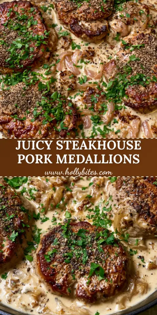 Pork Medallions with Onion Gravy: A Masterclass in Pan-Seared Perfection 4 A top-down view of a cast iron skillet featuring seared pork medallions with onion gravy, garnished with fresh parsley and black pepper.