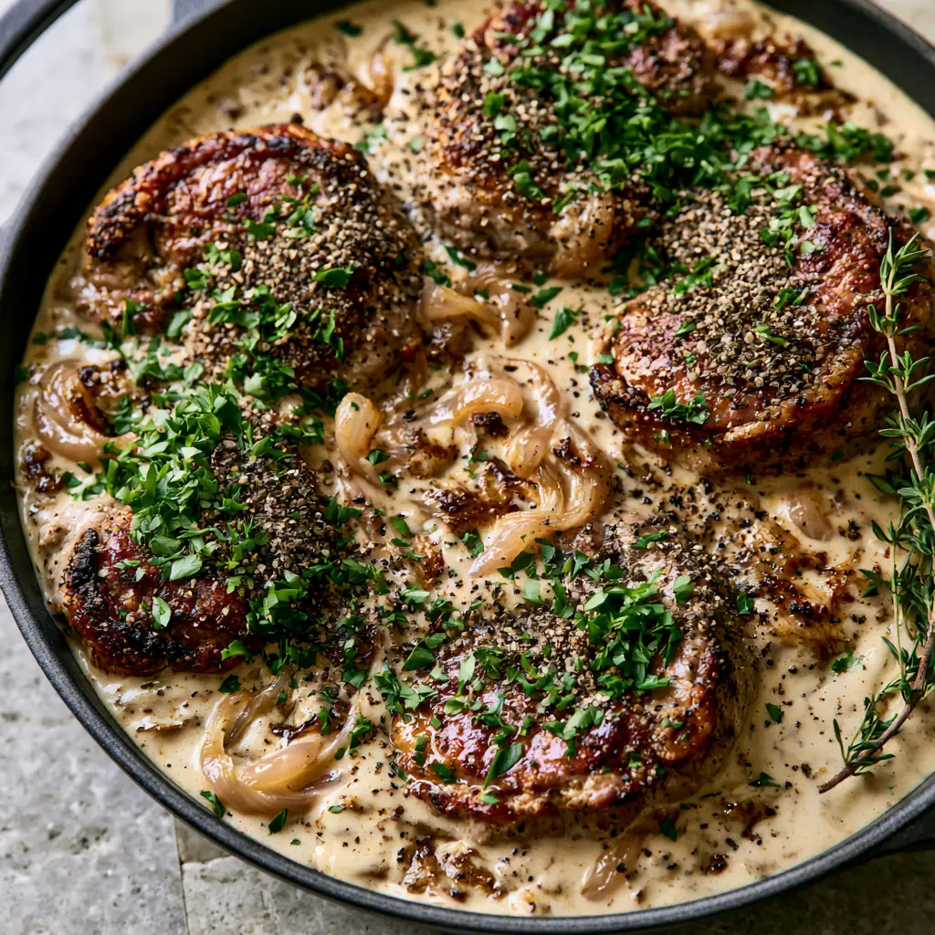 Close-up of thick-cut pork medallions with a deep golden-brown crust in a matte charcoal skillet with onion gravy. (pork medallions with onion gravy)