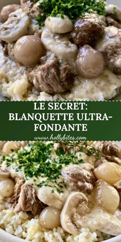 Blanquette de Porc: The Ultimate Creamy French Pork Stew Recipe 3 A vertical split-screen showing a silver spoon lifting a glistening cube of Blanquette de Porc in ivory sauce and a full charcoal bowl of the stew.