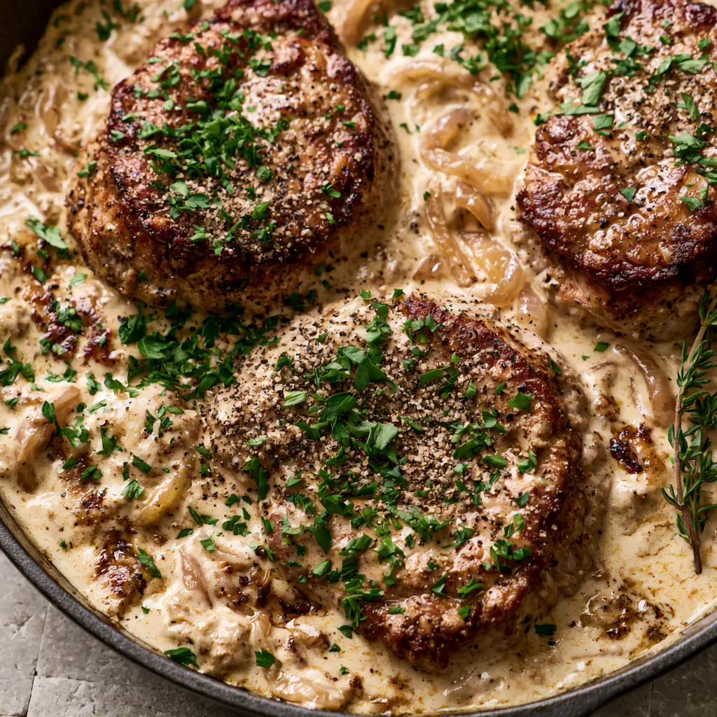 Pork Medallions with Onion Gravy: A Masterclass in Pan-Seared Perfection 1 Juicy pork medallions submerged in a velvety ivory onion cream sauce with fresh parsley. (pork medallions with onion gravy)