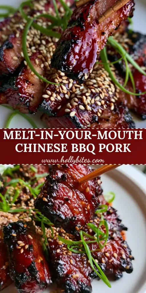 Chinese Style Pork: The Ultimate Sticky Mahogany Char Siu Recipe 4 A close-up vertical shot of sliced Chinese style pork with a mahogany honey glaze and charred edges, garnished with sesame seeds and scallion curls.