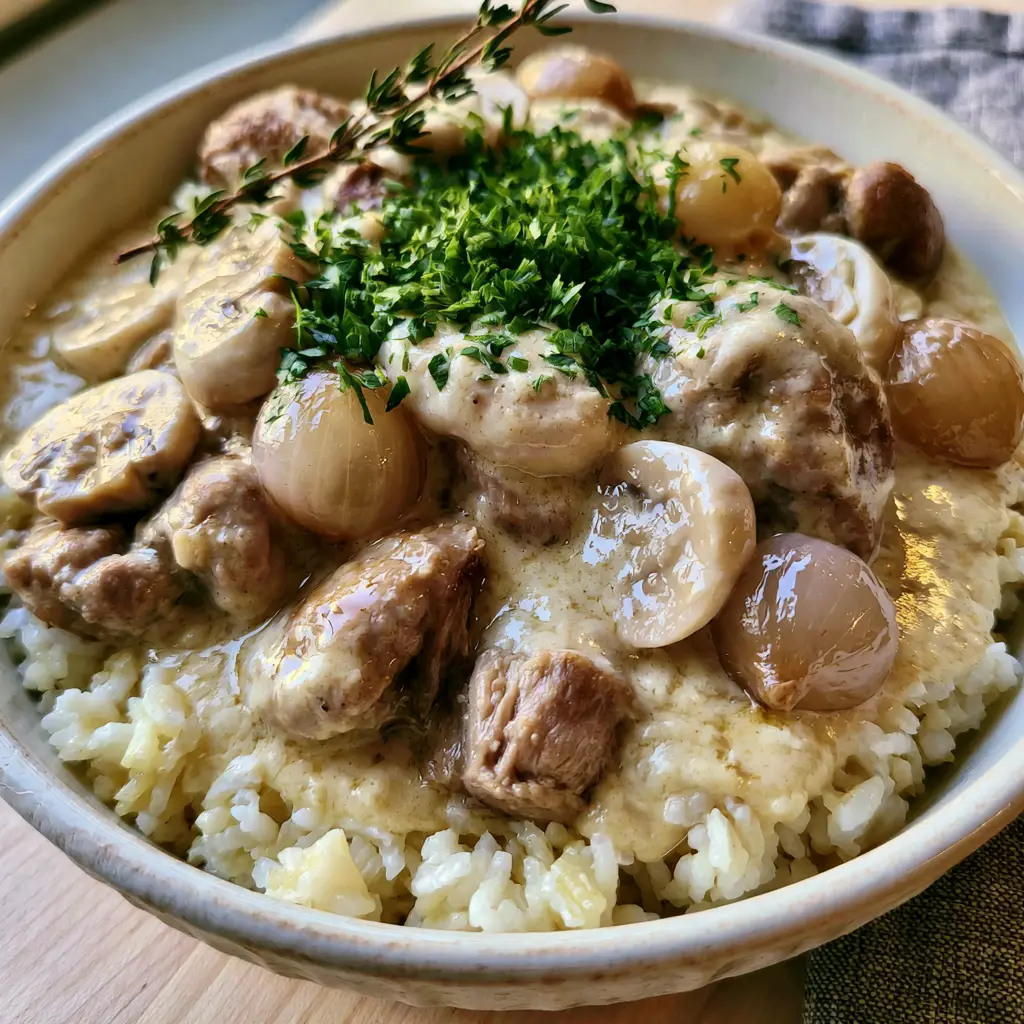 Close-up of golden-brown seared button mushrooms and baby carrots in a creamy ivory sauce. (Blanquette de Porc)