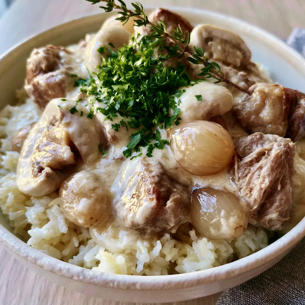 Blanquette de Porc: The Ultimate Creamy French Pork Stew Recipe 1 A top-down view of Blanquette de Porc showing visible specks of black pepper and emerald-green parsley flakes.
