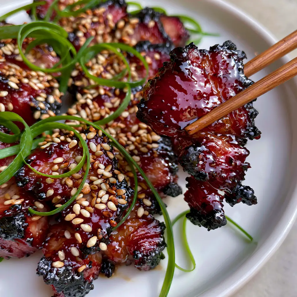 Chinese Style Pork: The Ultimate Sticky Mahogany Char Siu Recipe 1 Handheld smartphone shot of wooden chopsticks lifting a glistening slice of Chinese style pork. (Chinese style pork)