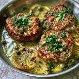 Top-down view of Pork Piccata in a stainless steel skillet with charred lemon slices and fresh parsley.