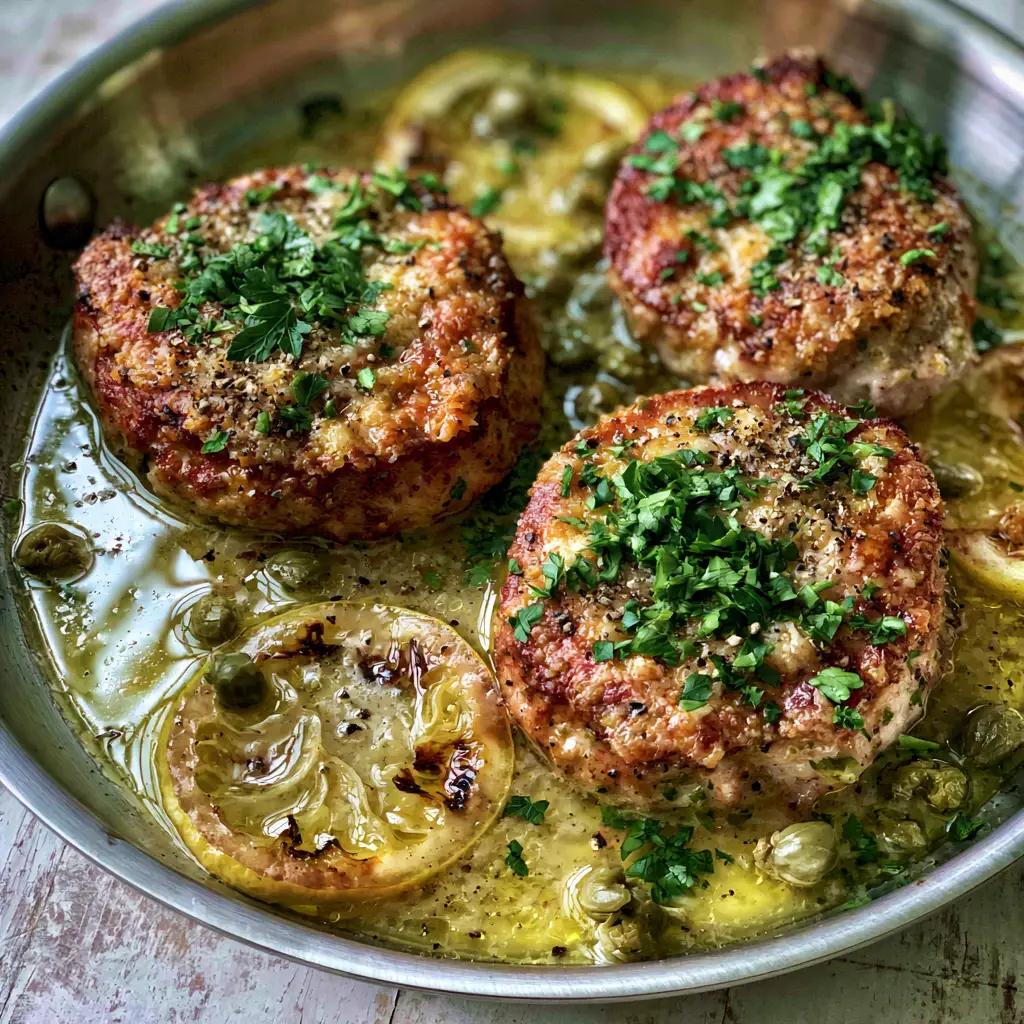 Top-down view of Pork Piccata in a stainless steel skillet with charred lemon slices and fresh parsley.