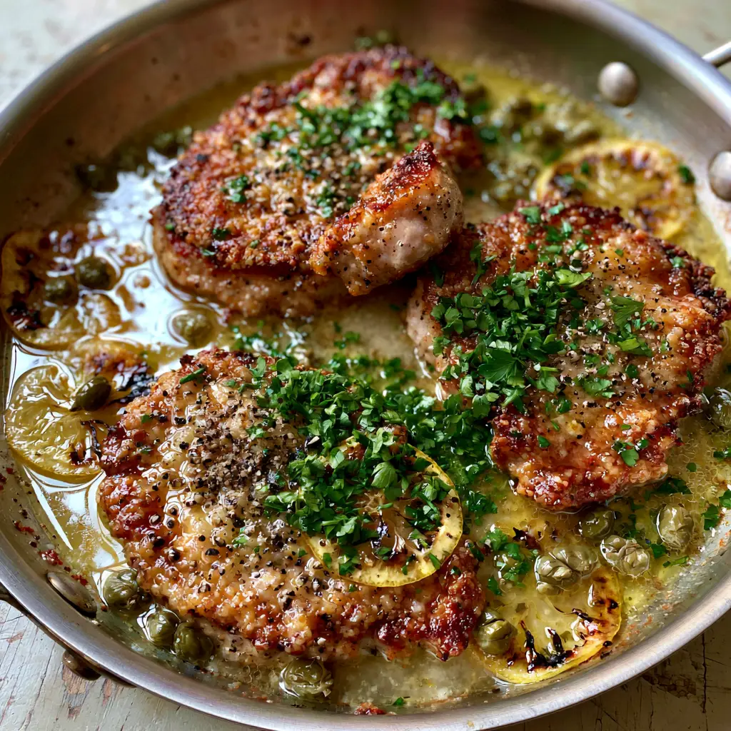 Pork Piccata with a Golden Parmesan Crust and Charred Lemons 1 Close up of a tender pork medallion showing the crispy parmesan breading and juicy center.
