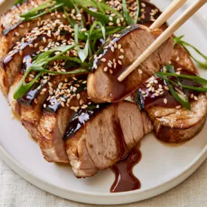 Top-down view of mahogany glazed pork loin medallions with a sticky sauce texture. (Chinese Pork Loin Recipes)