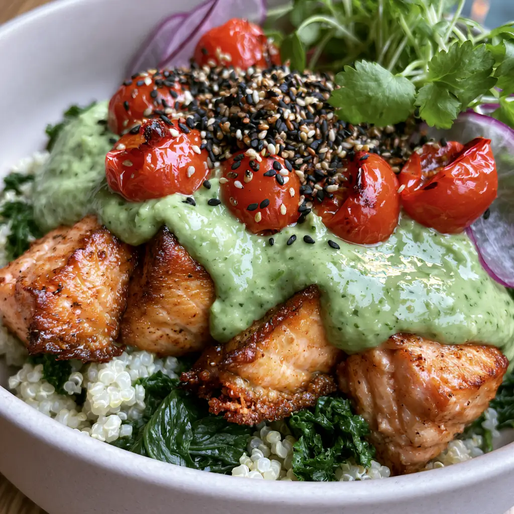 Extreme macro close-up of crispy seared salmon cubes and individual grains of white quinoa as part of healthy dinner ideas.