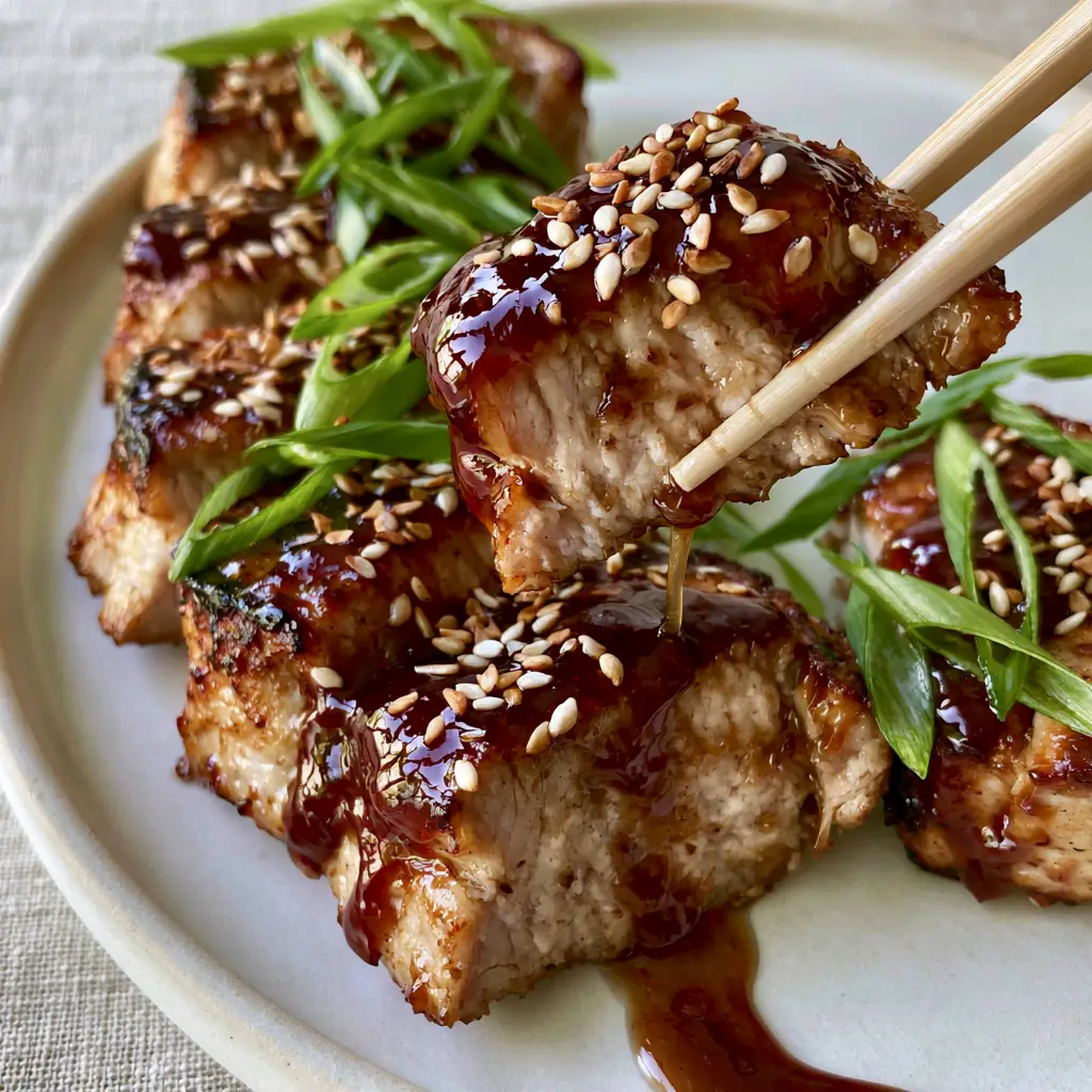 Chinese Pork Loin Recipes: The Ultimate Sticky Honey Garlic Medallions 1 Pork medallion being lifted by light wooden chopsticks showing a sticky sauce drip. (Chinese Pork Loin Recipes)
