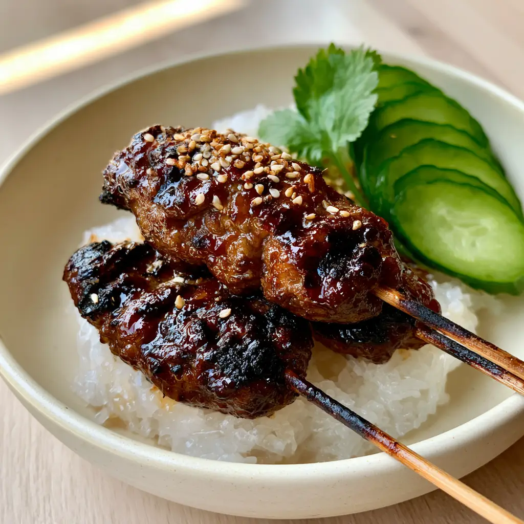 Thai-style ground pork skewers with Glossy Honey-Soy Glaze 2 Close-up of juicy Thai-style ground pork skewers with distinct grill marks and toasted sesame seeds. (Thai-style ground pork skewers)