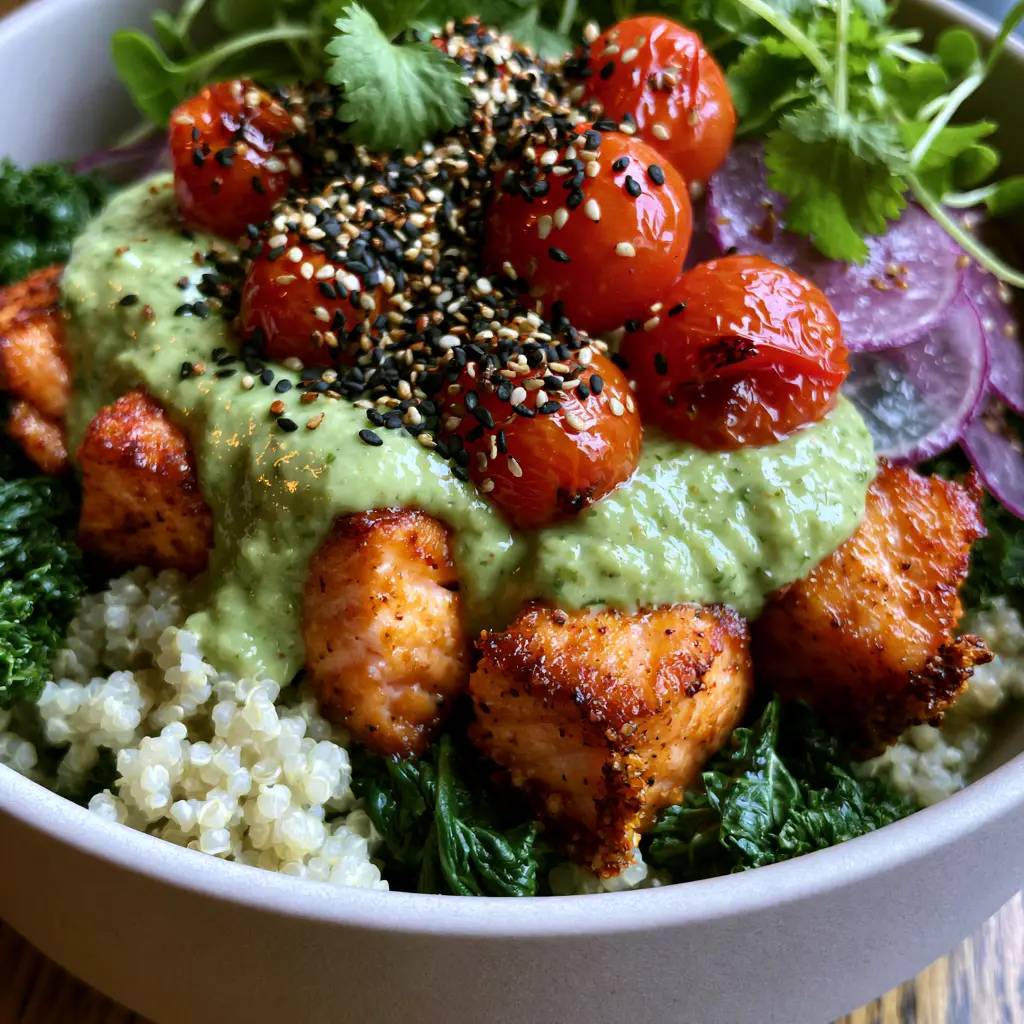 Healthy Dinner Ideas: Seared Salmon Quinoa Bowls with Avocado Crema 1 Garnish details including translucent purple radish, toasted sesame seeds, and micro-cilantro for healthy dinner ideas.