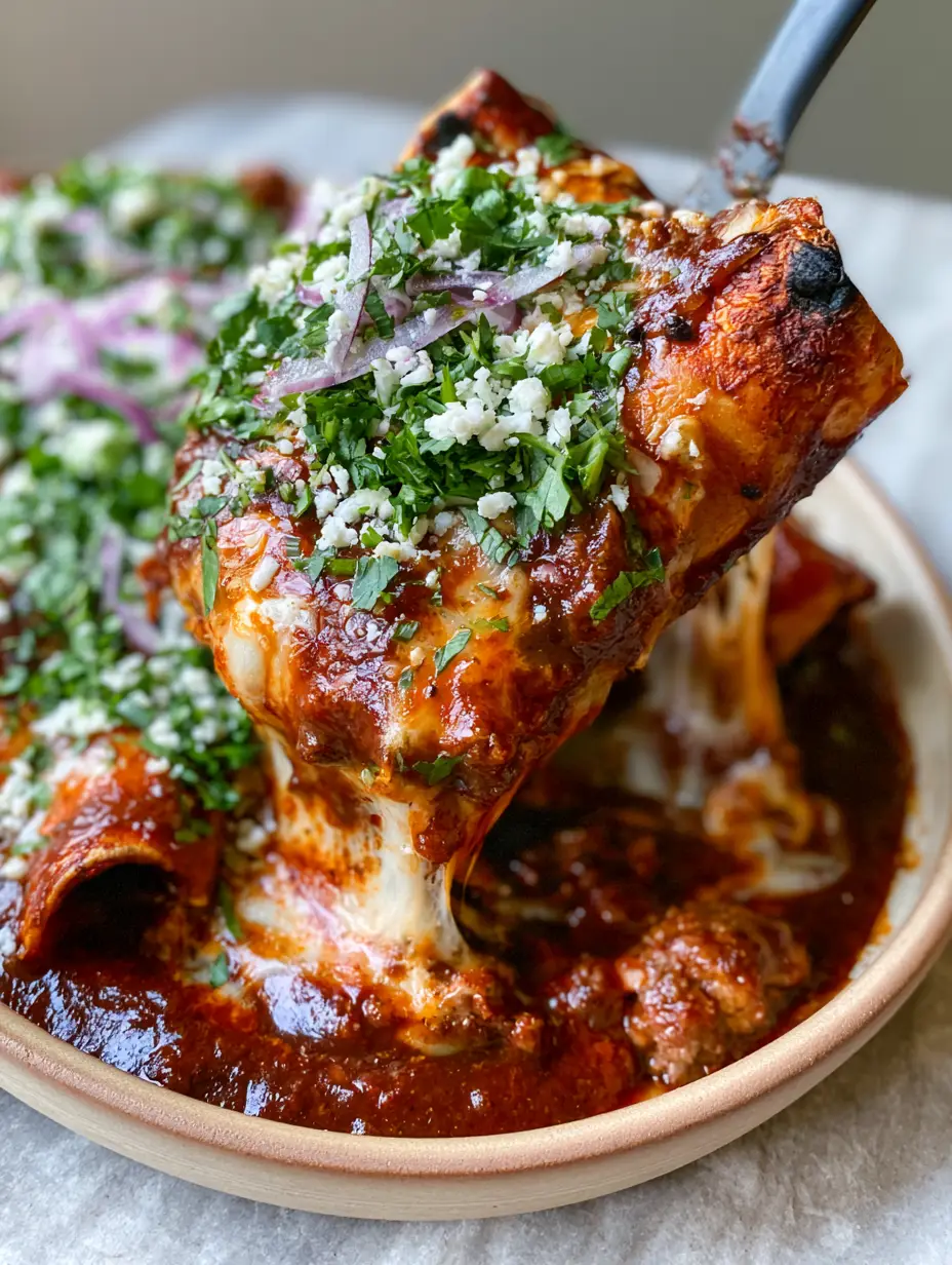 Ground Beef Enchiladas with the Ultimate Stretchy Cheese Pull 3 Smartphone photo of a spatula lifting a Ground Beef Enchilada showing melted Monterey Jack and cheddar cheese.
