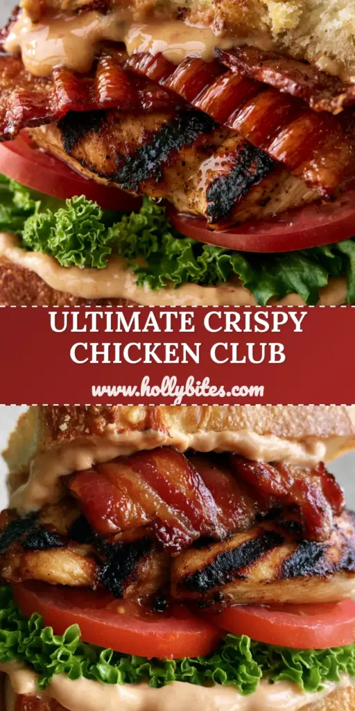 Chicken Club Sandwich on Toasted Sourdough with Creamy Secret Sauce 4 A towering chicken club sandwich with charred chicken, crispy bacon, and messy apricot sauce on toasted sourdough.