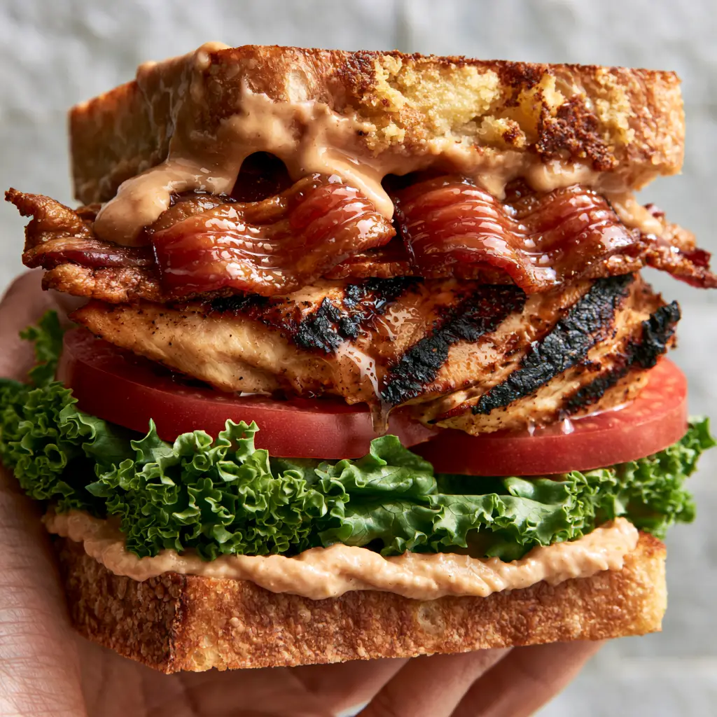 Chicken Club Sandwich on Toasted Sourdough with Creamy Secret Sauce 2 Macro view of the glistening charred grilled chicken and apricot sauce drizzle in a chicken club sandwich.