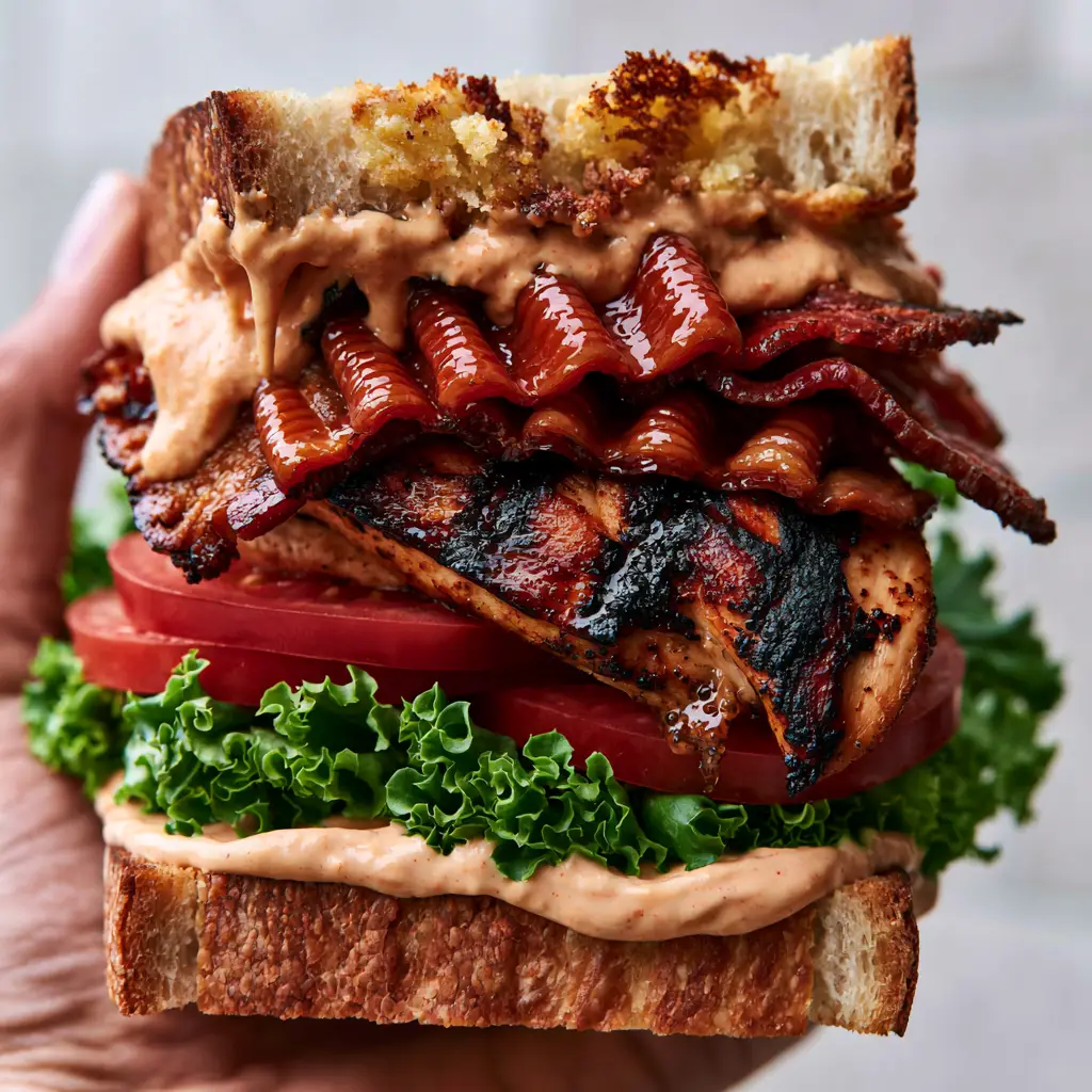 Chicken Club Sandwich on Toasted Sourdough with Creamy Secret Sauce 1 Close up of the buttery toasted sourdough crumbs and glossy rippled bacon in a chicken club sandwich.