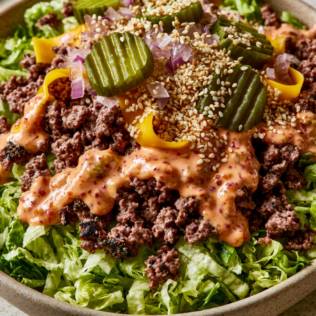 Burger Bowls: The Ultimate Big Mac Inspired Loaded Salad 2 Extreme macro close-up of burger bowls featuring charred ground beef, melted cheddar ribbons, and creamy orange secret sauce with relish specks.