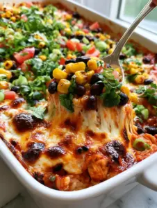 Close-up action shot of a spoon lifting cheesy Mexican chicken casserole with charred corn and cilantro.